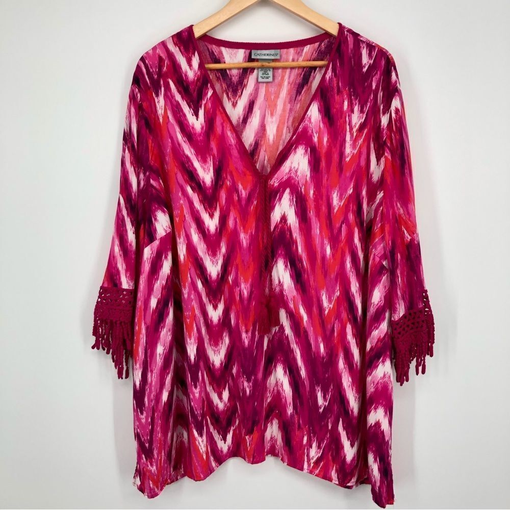 Catherines Blouse‎ Womens 2X Pink Chevron Tie Dye Tassel Split Neck Popover